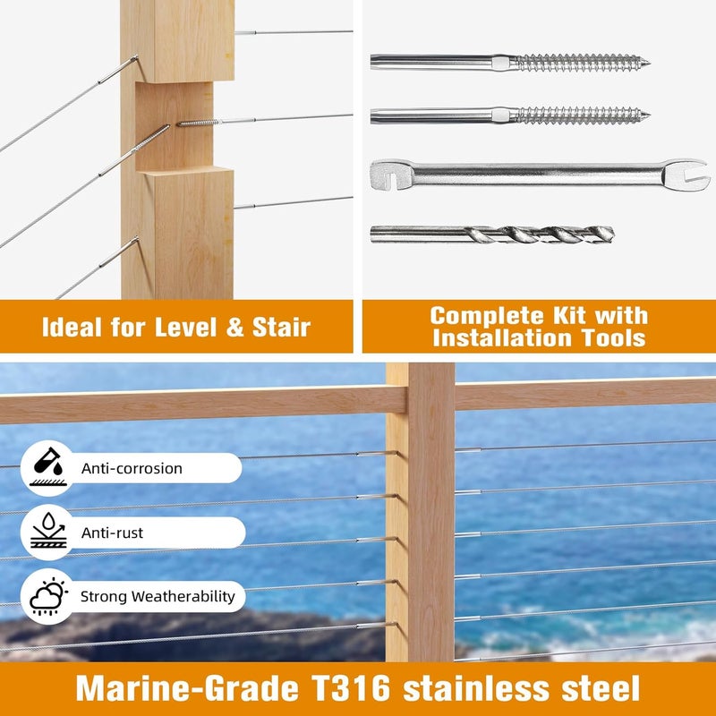 CELYND Swage Lag Screws for Cable Railing - 100 Pack T316 Stainless Steel Left and Right Handed Thread - 1/8" Cable Railing Hardware Kit for Deck Stair Wood Post Railing System - Image 4